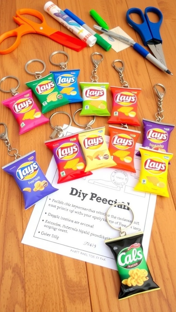 Colorful DIY keychains resembling chip bags on a wooden table with crafting supplies.